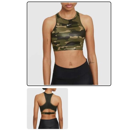 Nike Women's Dri-Fit Sports Bra High-Neck Green Camo Swoosh Logo XS - Picture 9 of 10